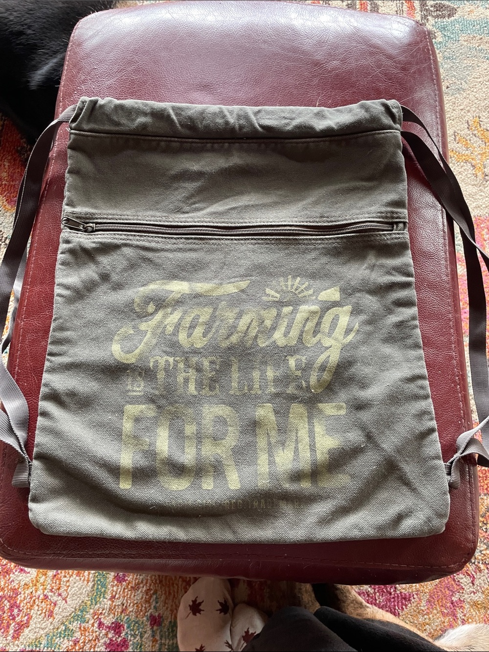 “Farming is the Life for Me” Green Canvas Drawstring Backpack in Olive Green